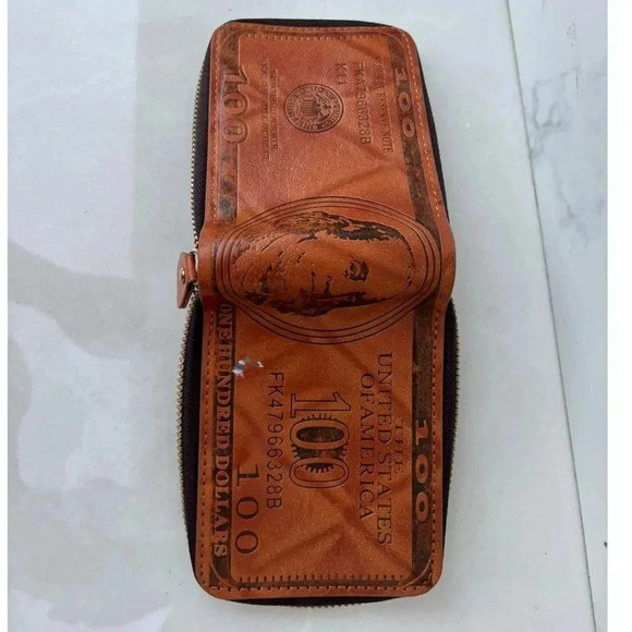 Vintage Mens 100 Dollar Bill Leather Bifold Wallet Brown Size 5"x3.5" - Picture 9 of 10